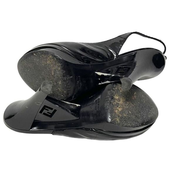 FENDI Patent Leather Slingback Logo Heel Peeptoe Sandals 37 - Picture 14 of 16